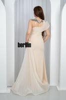 فستان رويال شامبين بكتف واحد تطريز كريستالي طيات ش...