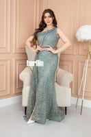 فستان سهرة طويل بكتف واحد تطريز فخم لون تيفاني