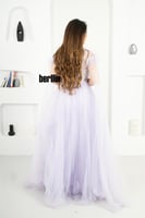 فستان سهره تول مطرز مميز بالريش لون بنفسجي