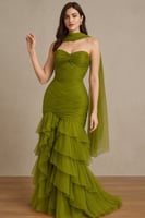 فستان سهرة زيتوني فاخر بتصميم كورسيه تول طبقات