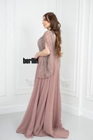 فستان سهرة طويل بليسية اوف شولدر مطرز لون لحمي