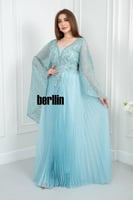 فستان سهرة طويل بليسية اوف شولدر مطرز لون سماوي