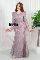 فستان موف غبار الورد مطرز بدانتيل خرزي وشاش تول جا...