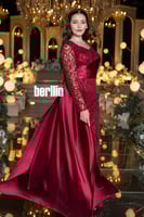 فستان سهرة احمر بتطريز ترتر مع تصميم أنيق وأكمام ش...