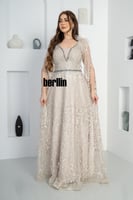 فستان سهره تول مطرز بتصميم كيب لون بيج