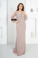 فستان سهره مطرز بأكمام بف لون لحمي فاتح