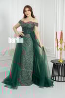 فستان سهرة أخضر بتصميم فاخر من الدانتيل والتول مع...