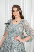 فستان سهرة طويل بليسية اوف شولدر مطرز لون اخضر فات...