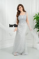 فستان سهره فضي مرصع بنجوم نجمي بكاب تول شفاف متلأل...