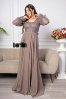 فستان سهرة طويل شيفون مزين بالترتر لون جالكسي