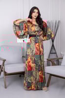 فستان ناري ناعم مشجر مميز بحزام وكم مفتوح