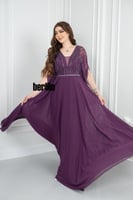 فستان سهرة طويل بليسية اوف شولدر مطرز لون ليلكي