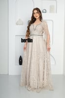 فستان سهره تول مطرز بتصميم كيب لون بيج