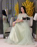 فستان سهره تول مطرز مميز بالريش لون تفاحي فاتح