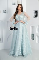 فستان سهرة ماكسي مميز بكم بف وبقصة واسعة لون سماوي