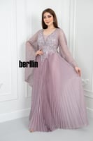 فستان سهرة طويل بليسية اوف شولدر مطرز لون لحمي