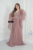 فستان سهرة طويل بليسية اوف شولدر مطرز لون لحمي