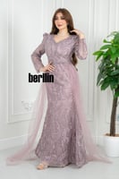 فستان موف غبار الورد مطرز بدانتيل خرزي وشاش تول جا...