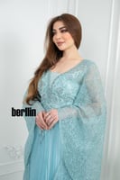 فستان سهرة طويل بليسية اوف شولدر مطرز لون سماوي