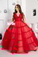 فستان سهره طويل تول مميز بالطبقات لون احمر