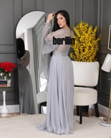 فستان سهرة طويل بليسية اوف شولدر مطرز لون رصاصي