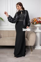 فستان سهرة حوريه البحر مميز بالفصوص والأكمام لون ا...