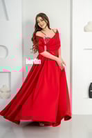 فستان سهرة طويل اوف شولدر بلمعة الكريستال لون احمر