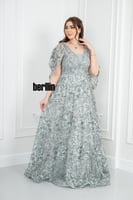 فستان سهرة طويل بليسية اوف شولدر مطرز لون اخضر فات...