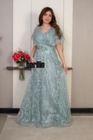 فستان سهرة طويل "نسمة المينت" المطرز بزهور الأورجا...