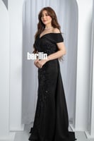 فستان سهرة سمفونية الليل الأسود بتطريز فاخر وأكتاف...