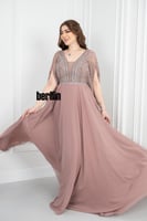 فستان سهرة طويل بليسية اوف شولدر مطرز لون لحمي