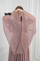 فستان سهرة طويل بليسية اوف شولدر مطرز لون لحمي