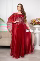 فستان سهرة مكسر جازار مميز بتطرز تشجيرة لون احمر