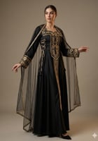 جلابية ملكية باللون الأسود الفاخر مع تطريز ذهبي كث...