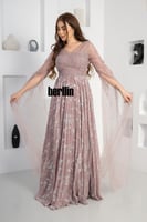 فستان سهرة شيفون بليسية مزين باللؤلؤ لون وردي