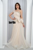 فستان رويال شامبين بكتف واحد تطريز كريستالي طيات ش...