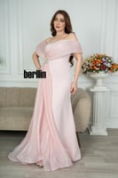 فستان سهرة طويل اوف شولدر بلمعة الكريستال لون زهري