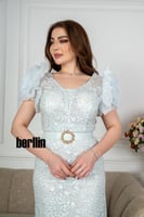 فستان سهرة طويل تل مطرز بستايل أكمام بف منفوخ لون...