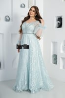 فستان سهرة ماكسي مميز بكم بف وبقصة واسعة لون سماوي