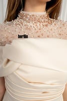 فستان طويل سهرة اوف شولدر لون بيج