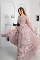 فستان سهرة شيفون بليسية مزين باللؤلؤ لون وردي