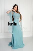 فستان سهره مطرز بأكمام اوف شولدر لون سماوي