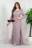 فستان موف غبار الورد مطرز بدانتيل خرزي وشاش تول جا...