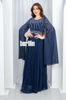 فستان سهرة كحلي مطوي بالكامل بحزام لامع وأكمام فرا...