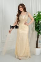 فستان سهره شامبانيا مرصع بنجوم نجمي بكاب تول شفاف...