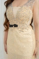 فستان سهره شامبانيا مرصع بنجوم نجمي بكاب تول شفاف...