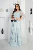 فستان سهرة شيفون بليسية مزين باللؤلؤ لون سماوي