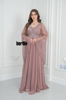 فستان سهرة طويل بليسية اوف شولدر مطرز لون لحمي