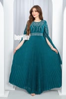 فستان سهرة فيروزي مطوي بالكامل بحزام لامع وأكمام ف...