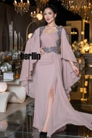 فستان سهرة طويل روز بودر مطرز بالفضي مع أكمام كاب...